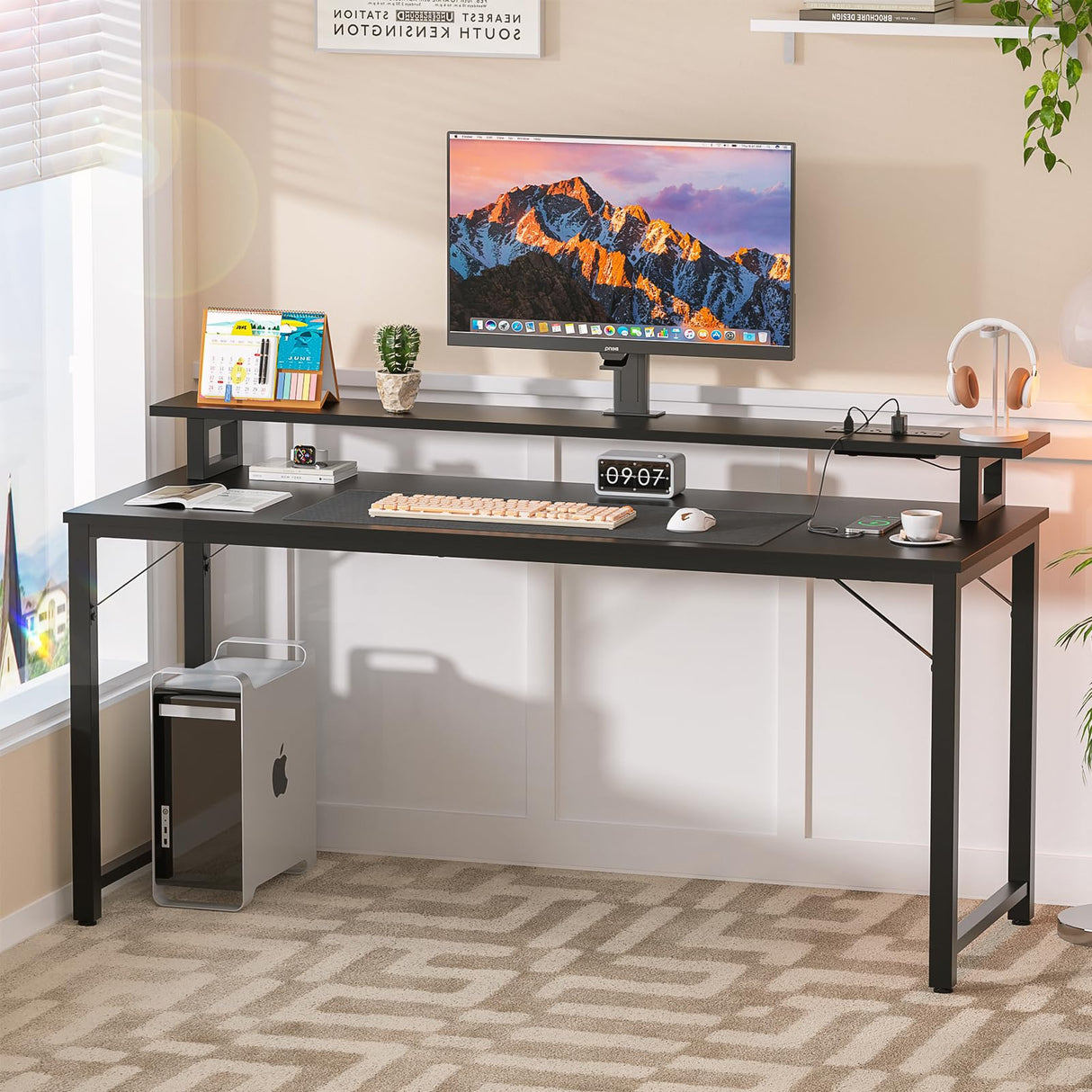 Hyomdeck Computer Desk with USB Power Outlets and LED Lights,55 inch Gaming Desk with Monitor Stand for Small Space Home Office, Modern Simple Study Writing Table PC Desks, Black Hyomdeck