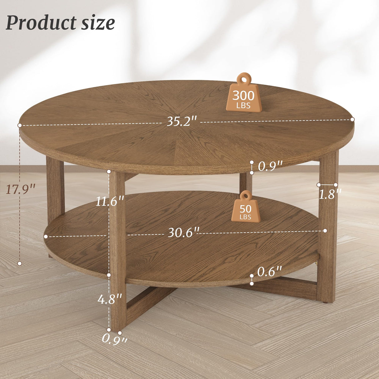 Cozyman Round Coffee Table, 35" Rustic Modern Circle Coffee Tables with 2-Tier Storage Shelf, Sofa Table, Cocktail Table for Living Room, Dark Wood Cozyman