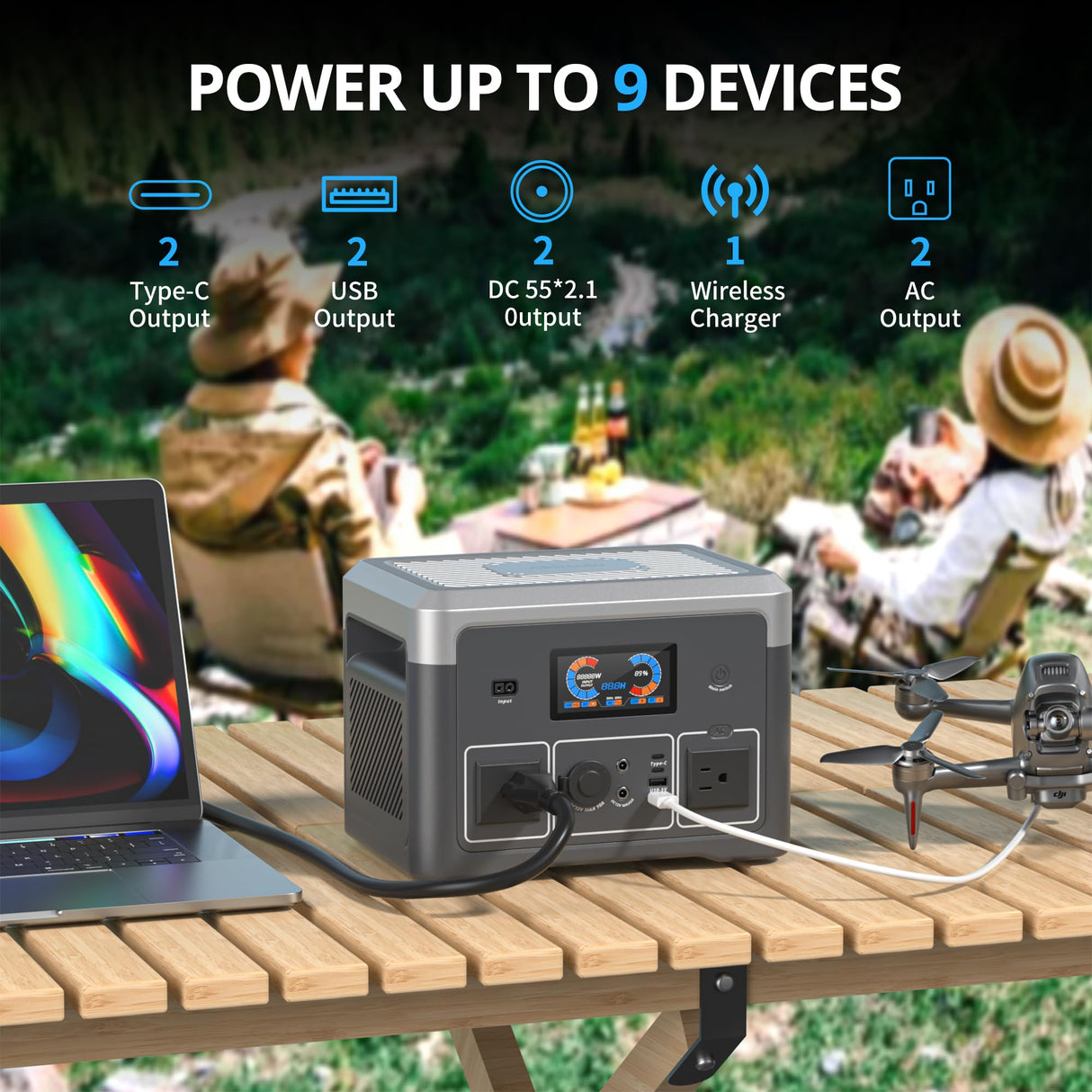 Portable Power Station 600W(1800W peak), 665.6Wh LiFePO4 Battery, Solar Power Station with 110 AC Outlets,UPS Function, Solar Generator for Home Backup,Campinp, Bluetooth Speaker&LED Lights Akiisolo
