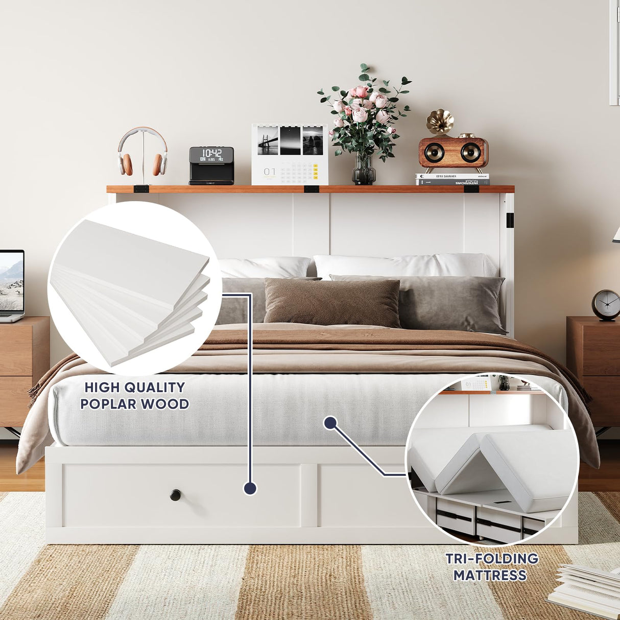 ijuicy Queen Murphy Bed with Storage & Multifunctional Charging Station, Farmhouse Murphy Cabinet Bed with Foldable Panel, Space-Saving Beds for Guest Bedroom, Living Room-White & Brown,with Mattress ijuicy