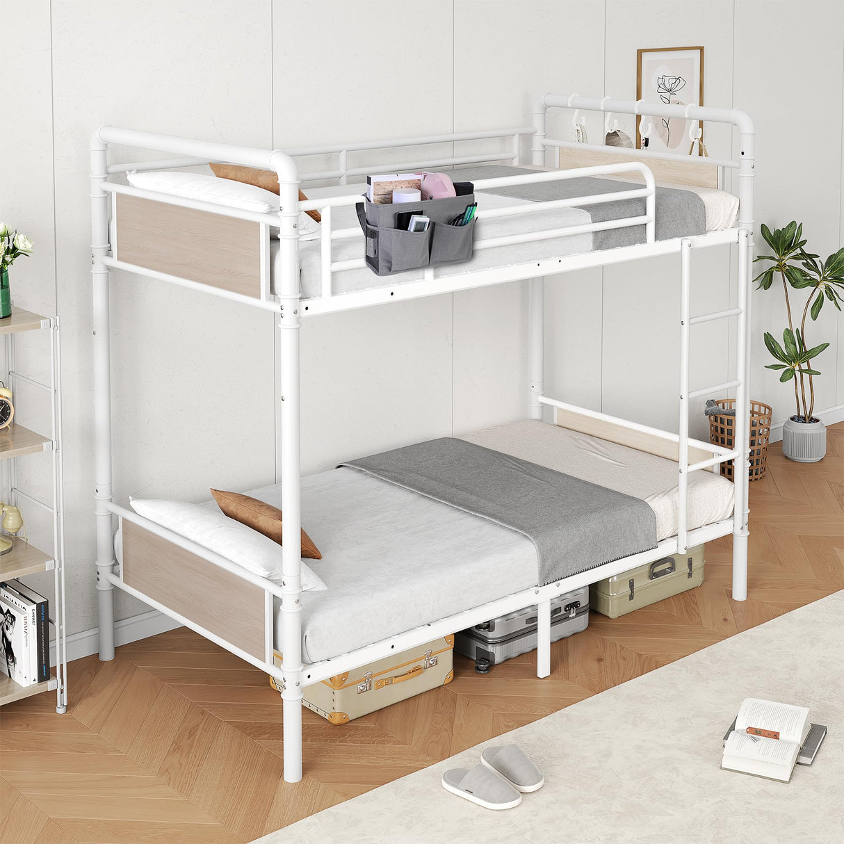 Jocoevol Metal Bunk Bed Twin Over Twin, Industrial Bunkbeds Heavy Duty Bed with Safety Guard Rails and Space-Saving Design, Steel Bed for School, Bedroom (White) Jocoevol