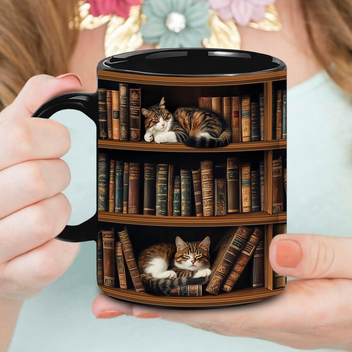YIDAJI Bookshelf Gift - Cat Bookshelf Mug - Gifts For Women - Unique Gift For Book Lover, Reader, Librarian, Writer - Birthday Gift Idea For Cat Lover, Owner Cat - Book Mug, Coaster, Keychain YIDAJI