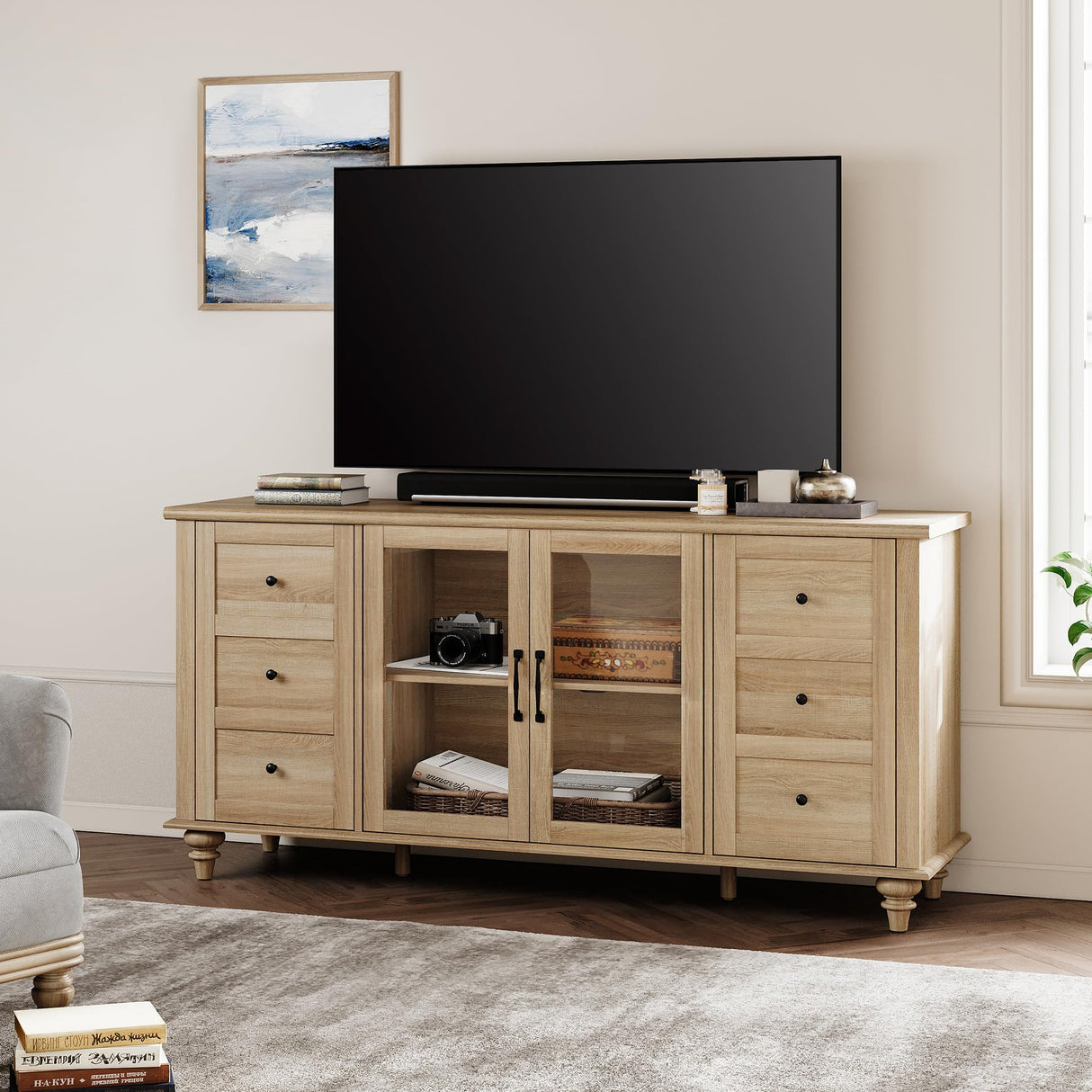 WAMPAT Glass Door Farmhouse TV Stand for TVs Up to 75 inch, Wood Universal TV Console Table with 4 Storage Cabinets, Entertainment Center for 32-75 inch TV Console Cabinet, 58'',Oak WAMPAT