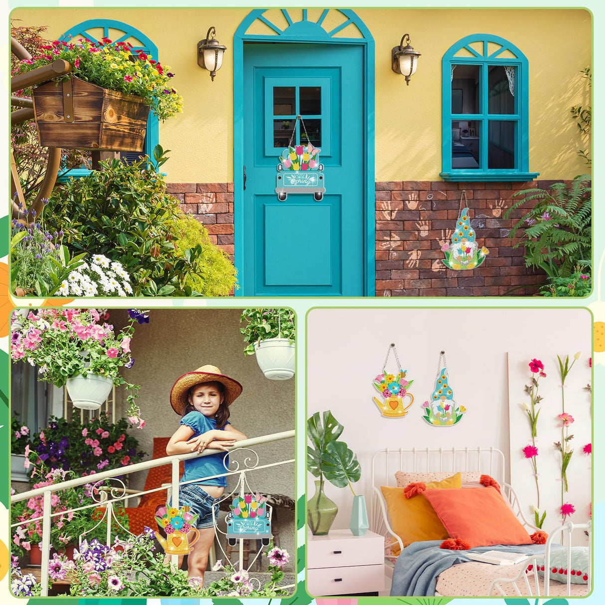 Menkxi 3 Pcs Spring Diamond Painting Kits Hanging Gnome Truck Shower Head DIY Round Diamond Art Kits Gnome Diamond Painting Kits Spring Ornaments Hanging Sign for Adults Beginners DIY Home Wall Menkxi