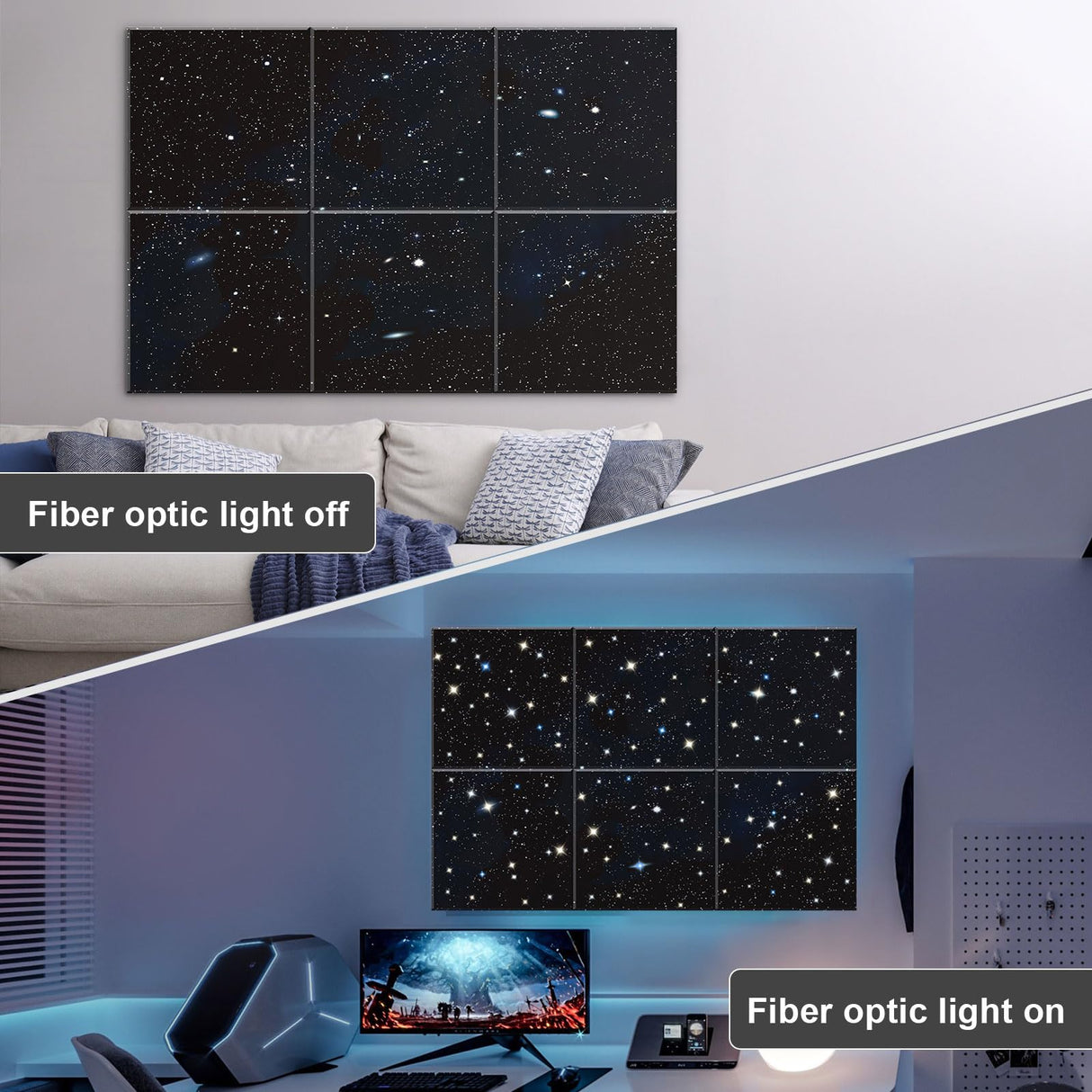 JBER Acoustic Panels, Self-Adhesive Soundproof Wall Art Painting with Fiber Optic Starlight Flashes, Celling Decoration - Fire & Noise Proof for Studio, Office, Home (Starry Sky, 72" × 48", 6Pcs) JBER