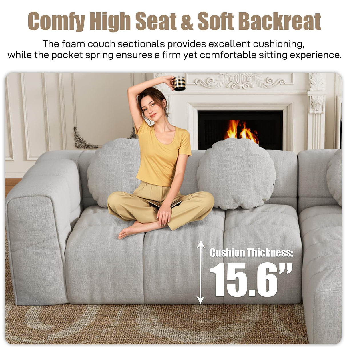 103" Cloud Couch Modular Sectional Sofa, Comfy Chenille Oversized Sectional Sofa with Deep Seat, Upholstered Tufted L Shaped Boneless Couches for Living Room, Right Facing, Off White HYJT-H&K