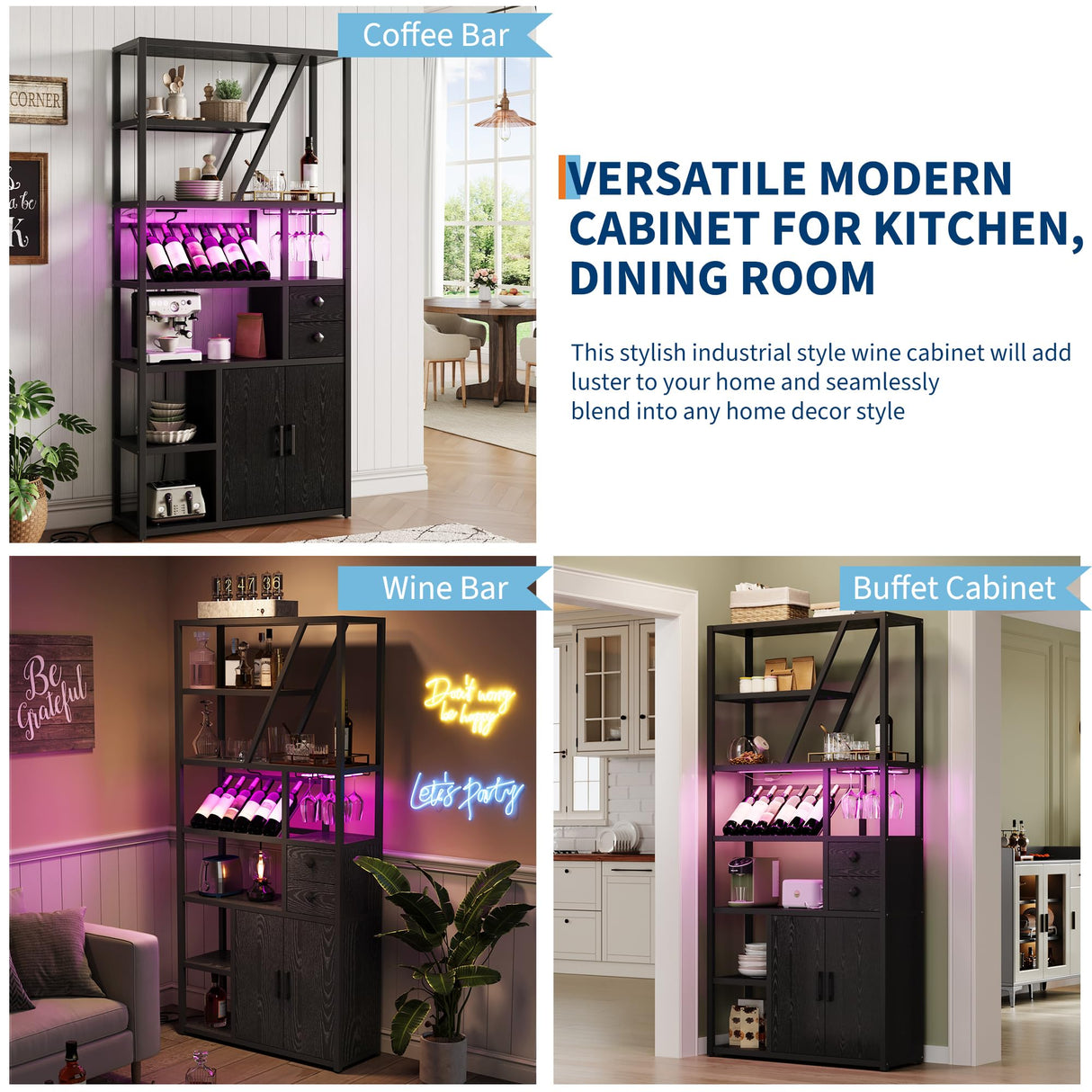 GAOMON Bar Cabinet with Power Outlets, 71.2" Tall Wine Liquor Cabinets with LED Lights and Glass Holder, Coffee Bar Station for Living Room, Microwave Stand Bakers Rack Cabinets GAOMON