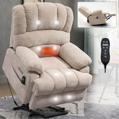 Large Power Lift Recliner Chairs with Massage and Heat for Elderly, Heavy Duty and Safety Motion Reclining Mechanism Chenille Skid Fabric Recliner Chair with USB Ports for Living Room (Beige)