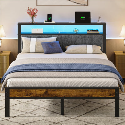 Queen Size Bed Frame with 2-Tier Storage Shelves Headboard, Platform Bed with Charging Station, LED Lights No Box Spring Needed Noise Free