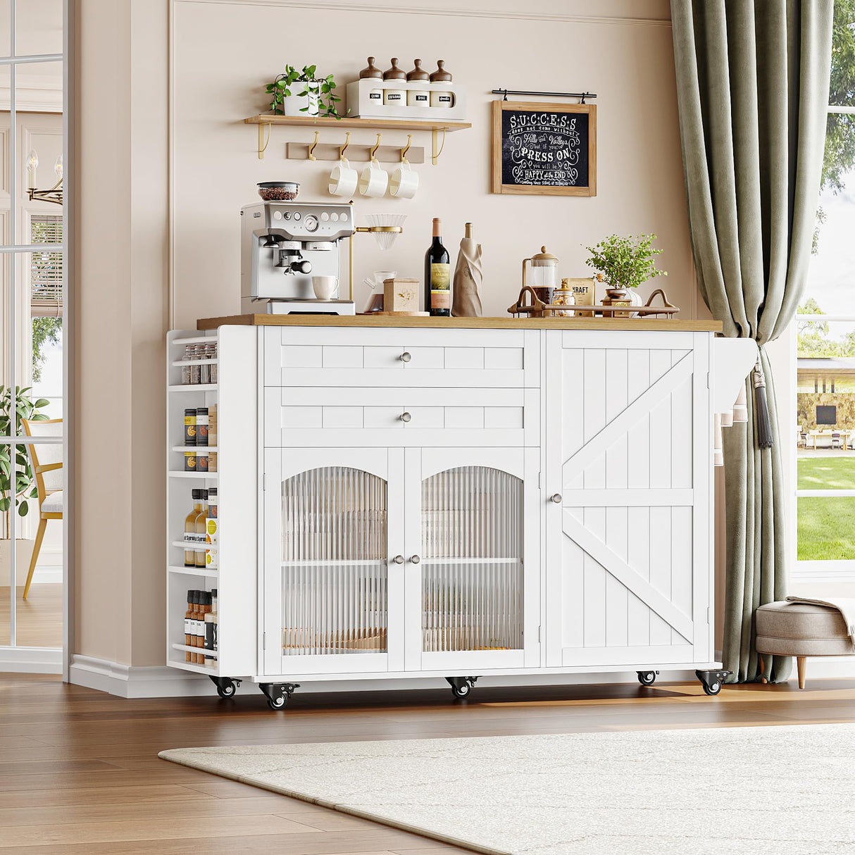 FINETONES Kitchen Island with Storage, Rolling Kitchen Island on Wheels with Wood Drop Leaf Countertop, Island Table Bar Cart with Spice Towel Rack Portable Kitchen Table Kitchen Carts on Wheels FINETONES