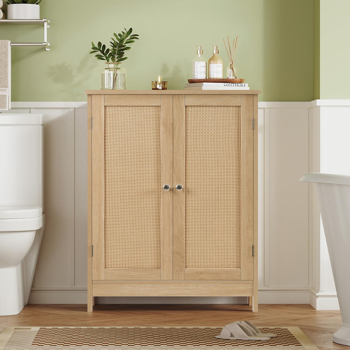 Iwell Storage Cabinet, Rattan Cabinet with Adjustable Shelf, for Living Room, Entryway, Kitchen, Home Office, Nature Iwell