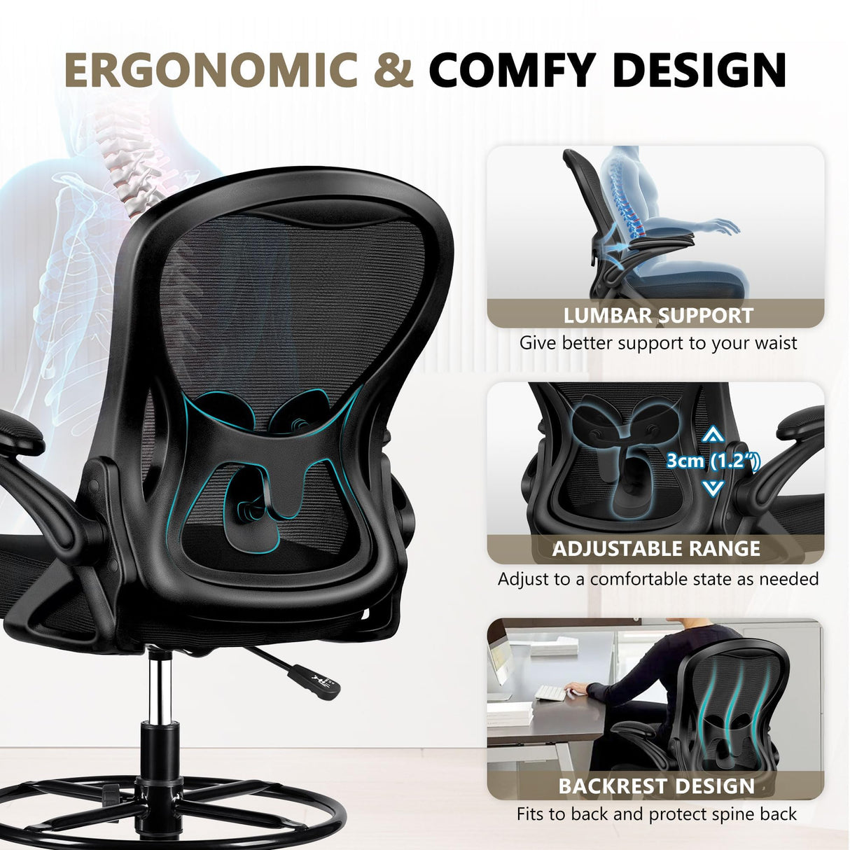 Winrise Drafting Chair, Tall Office Chair Ergonomic Standing Desk Chair, Lumbar Support Computer Chair Swivel Task Rolling Chair with Adjustable Flip-up Armrests & Foot Ring (Black) Winrise