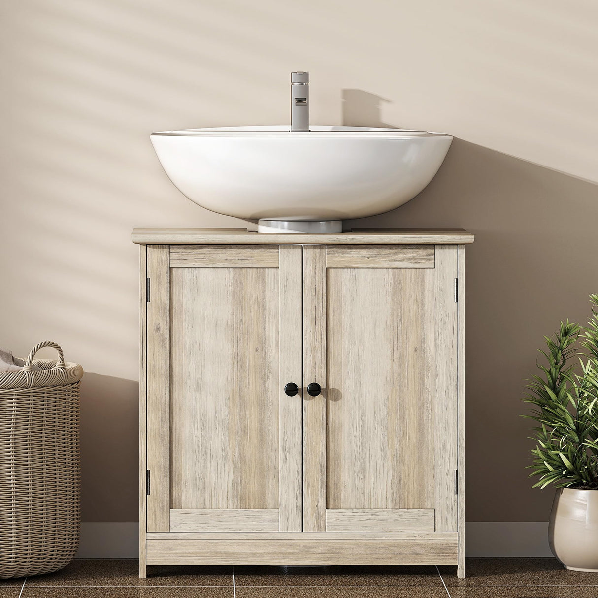HOMCOM Under Sink Bathroom Cabinet, Pedestal Sink Storage Cabinet with 2 Doors, Shelf and U-Shape, Weathered Gray Oak HOMCOM