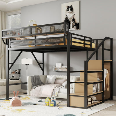 MoproBeti Queen Loft Bed with Stairs, Metal Loft Bed Queen Size with Storage Shelves, Adults Loft Bed with Wardrobe, Heavy Duty High Loft Bed for Teens, No Box Spring Needed, No Noise, Black