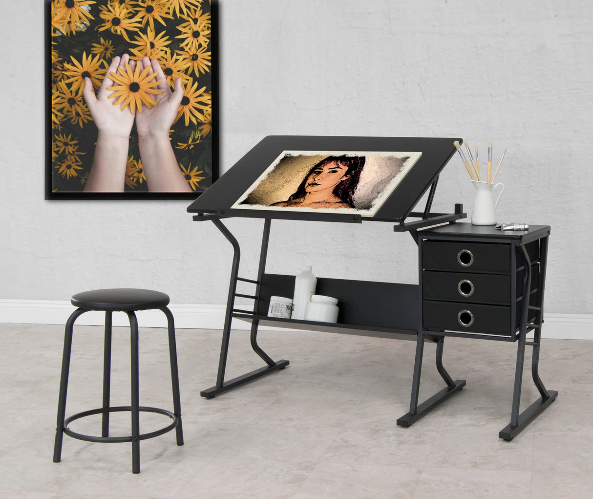 SD Studio Designs 2 Piece Eclipse Ultra Center/Drawing Table with Stool, Angle Adjustable Top, Storage Shelves, and Drawers SD STUDIO DESIGNS