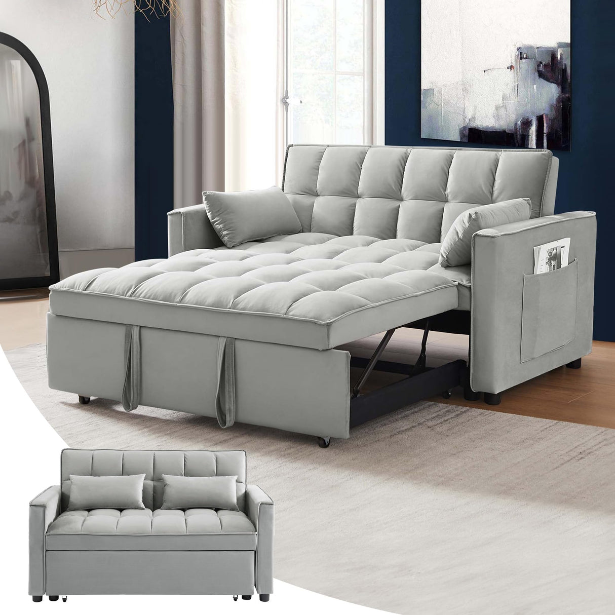 SumKea Convertible Sofa Couch 3-in-1 Multi-Functional Velvet Pull-Out Bed, 55'' Loveseat Chaise Lounge with Adjustable Backrest and Pillows, Grey SumKea