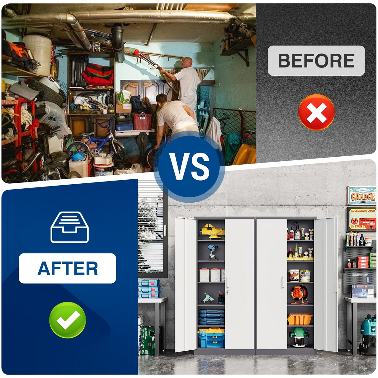 Fesbos Metal Storage Cabinet-72” Tall Steel File Cabinets with Lockable Doors and 5 Adjustable Shelves-Gray&White Steel Storage Cabinet for Home, School, Office, Garage Fesbos