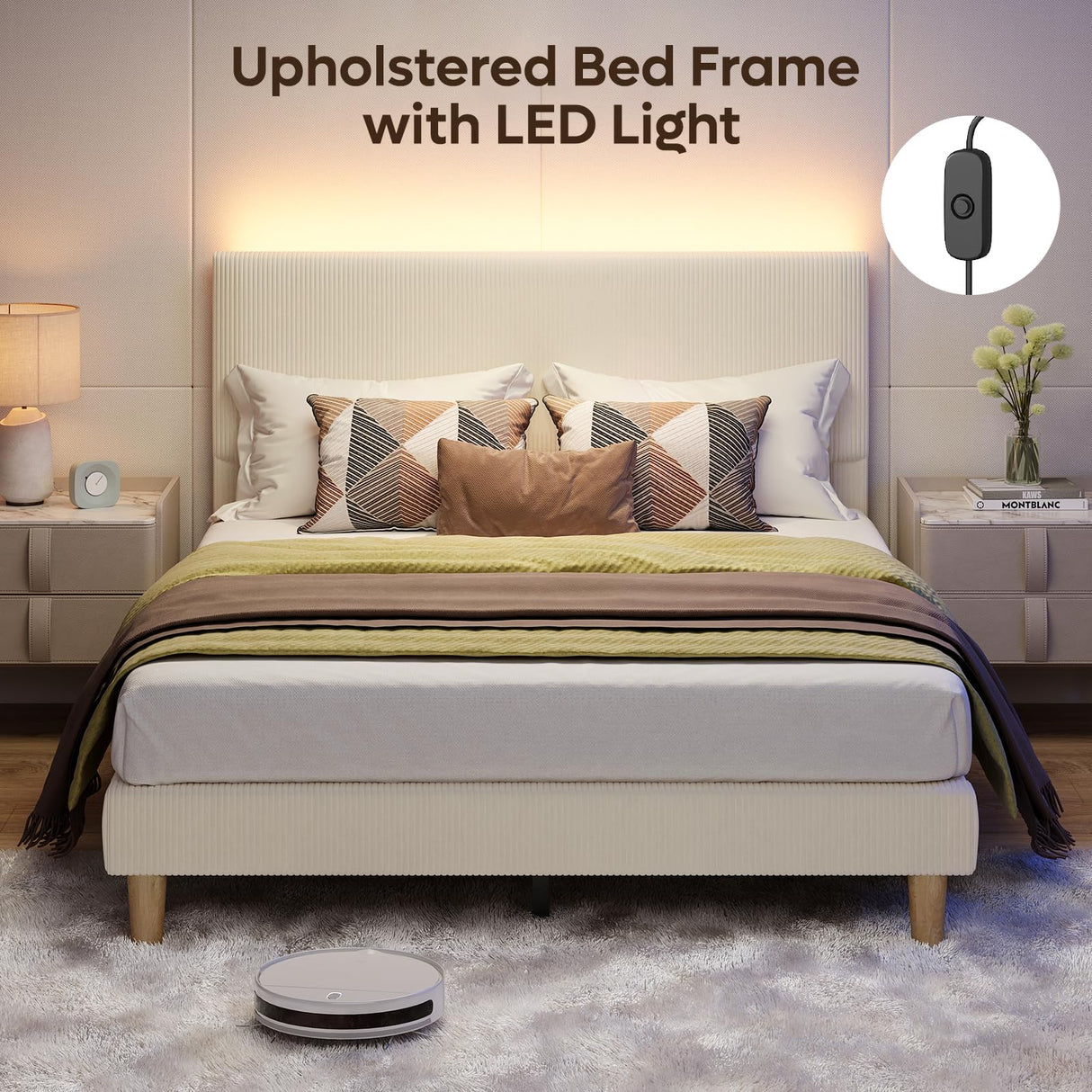 Bestier Queen Bed Frame with Adjustable Headboard, LED Lighting, Vertical Channel Tufted Corduroy Upholstered, Solid Wooden Slats Support, No Box Spring Needed, Never Squeaks, Easy Assembly, Beige Bestier