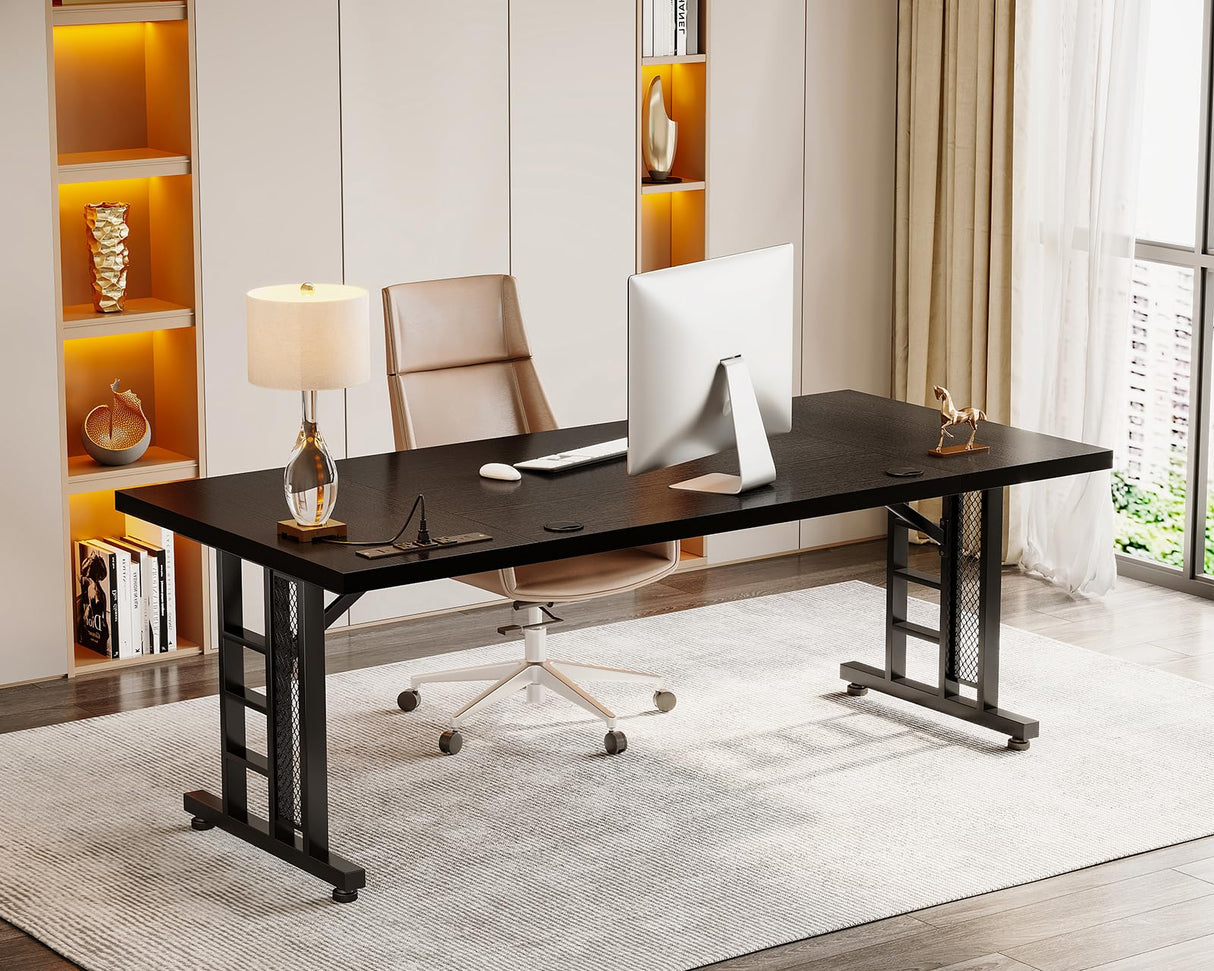 Coleshome 78 Inch Executive Desk with USB Ports, Large Computer Desk with Extra Thick, Long Mordern Office Desk, Workstation Business Furniture for Home Office, Black Coleshome