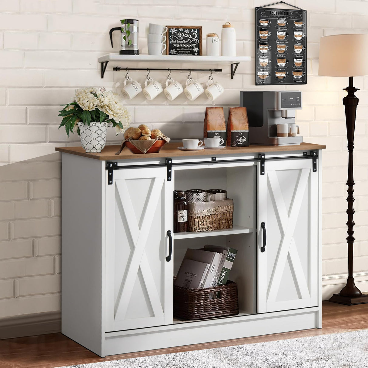 4 EVER WINNER Coffee Bar Cabinet with Sliding Barn Doors, 42” Farmhouse Coffee Station with Adjustable Shelves, Buffet Cabinet with Storage for Dining Room, White 4 EVER WINNER