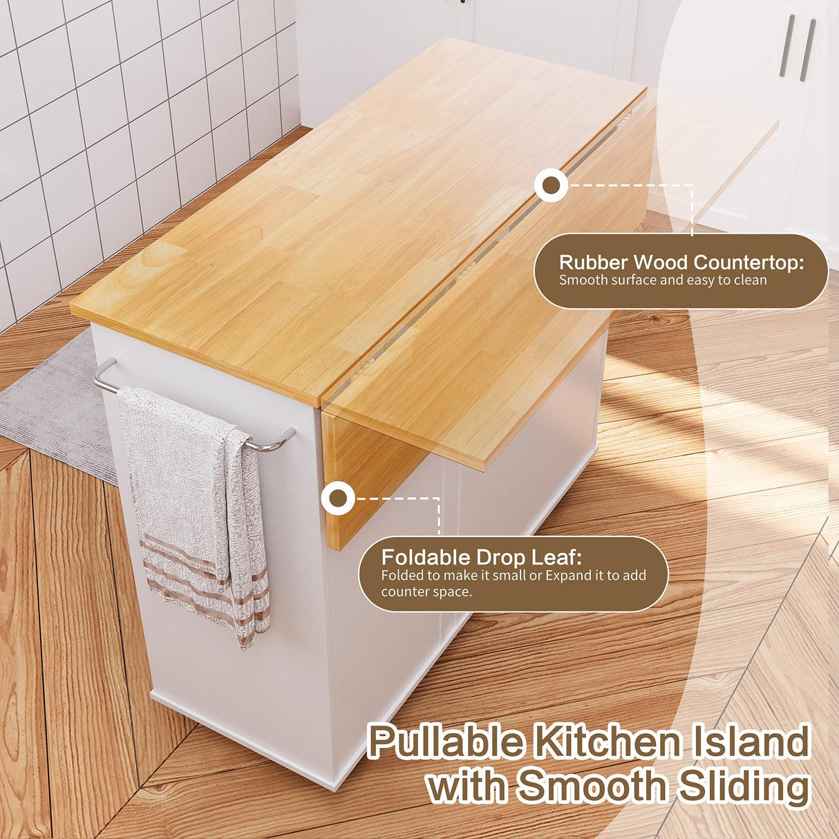 SUNLEI Kitchen Island on Wheels with Storage Cabinet & Foldable Drop Leaf, Rolling Kitchen Table, Cart Handle for Towel Rack, Drop Leaf, Portable Islands for Kitchen (Stylish White, 39.7-INCH) SUNLEI