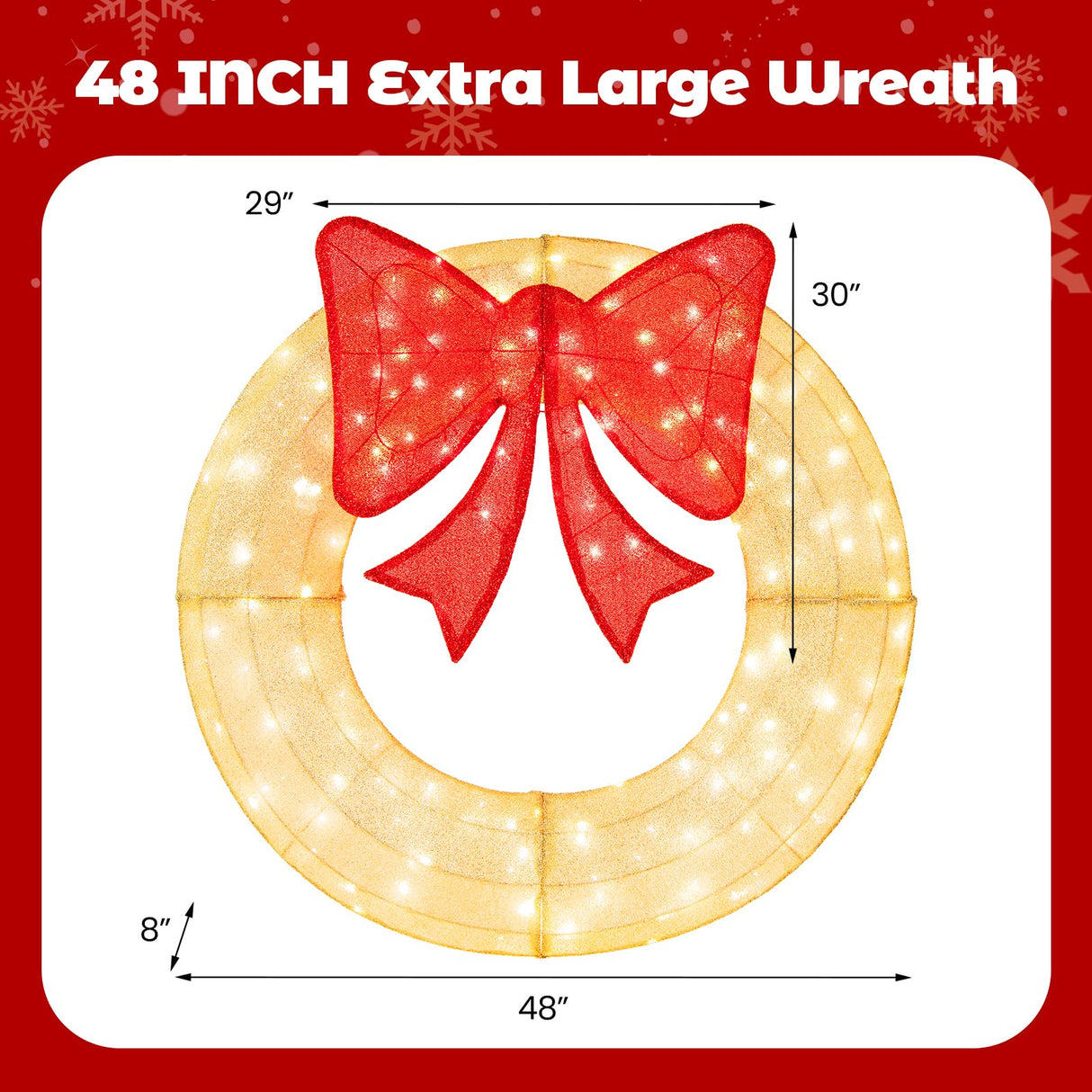 Tangkula 48 Inch Lighted Christmas Mesh Wreath, Pre-Lit Festive Wreath w/Large Bow & 200 LED Bulbs, Hooks & Zip Ties Included, Weatherproof Festive Decoration for Indoor Outdoor Tangkula