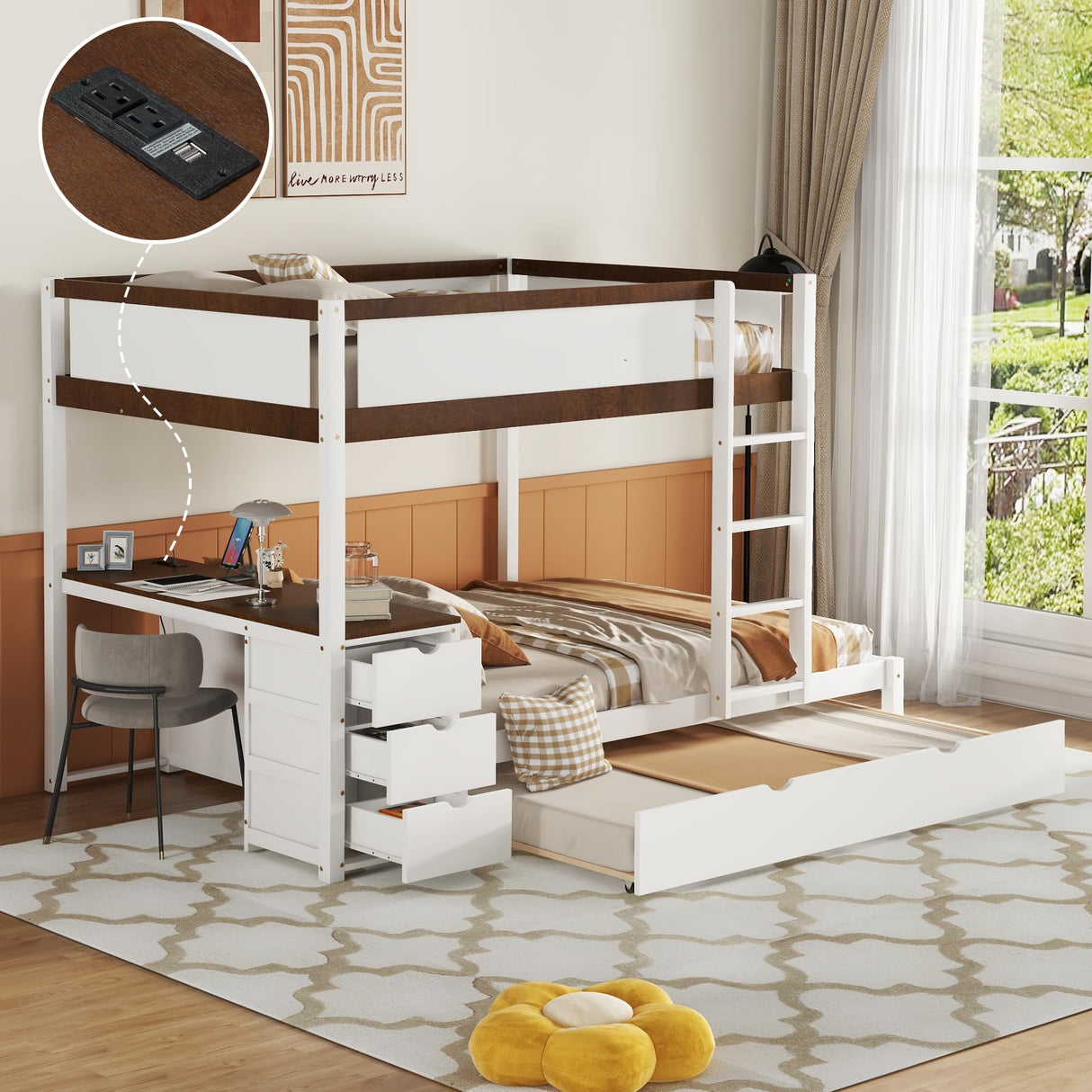 Harper & Bright Designs Full Over Full Bunk Bed Twin Size Trundle, Wood Full Bunk Bed with USB Ports, Storage and Desk, White+Walnut Harper & Bright Designs