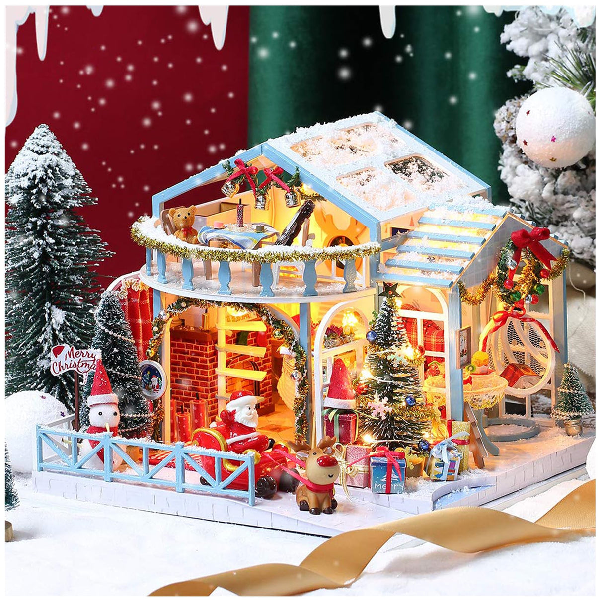 DIY Dollhouse Miniature Kit with Furniture, DIY Christmas Wooden Tiny House Building Set for Adults and Teens, Creative Room Decor Gift for Family and Friends (Christmas) BNOIN