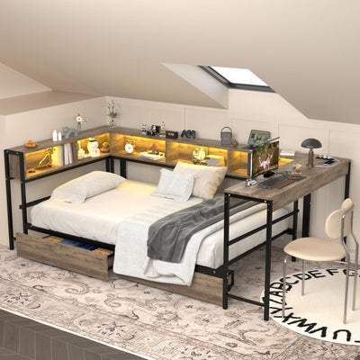 Corner Twin Bed Frame with Storage Bookcase and Desk, Twin Size U-Shaped Metal Corner Bed Platform with LED Light, Daybed with Charging Station and 2 Storage Drawers for Bedroom (Black Grey, Twin)