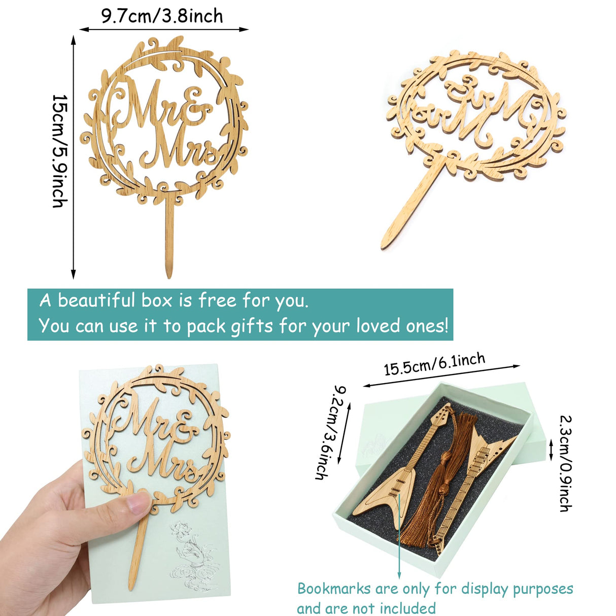 yueton Mr & Mrs Wooden Cake Topper, Chic Rustic Style Wedding Engagement Cake Topper, Mr and Mrs Wreath Cake Decoration, Wedding Anniversary Party Supplies - with a Gift Box yueton