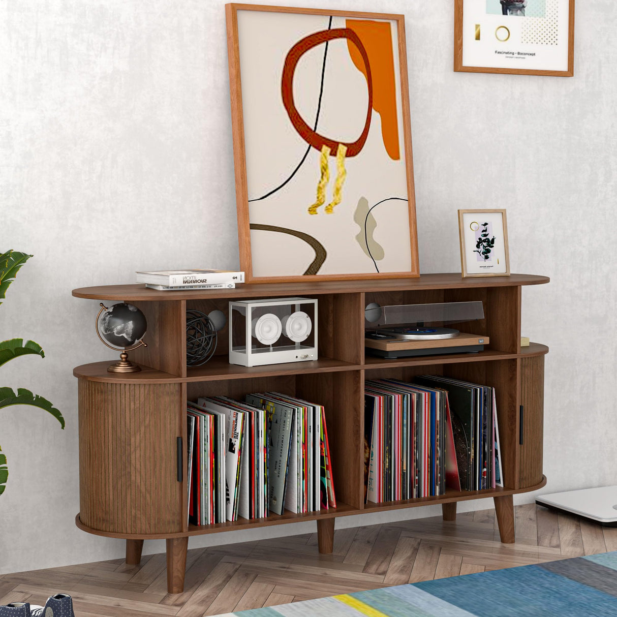 Large Walnut Record Player Stand with Charging Station, Mid-Century Turntable Stand Table, Vinyl Record Player Storage Cabinet for Bedroom, Living Room, Office Athuiline