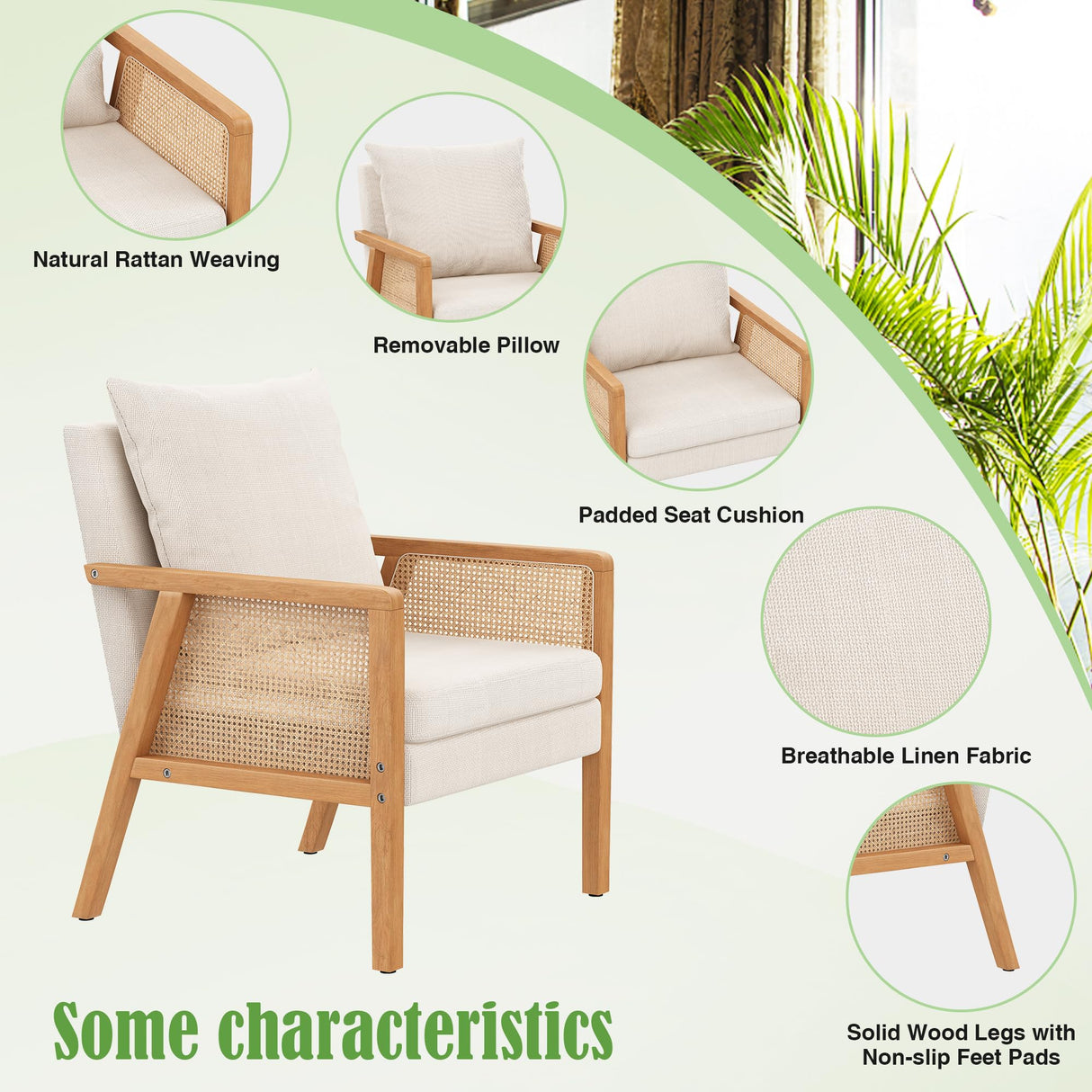 Awonde Ivory Accent Chair Linen Mid Century Modern Upholstered Living Room Chairs with Natural Rattan Arms Bedroom Reading Armchair Awonde