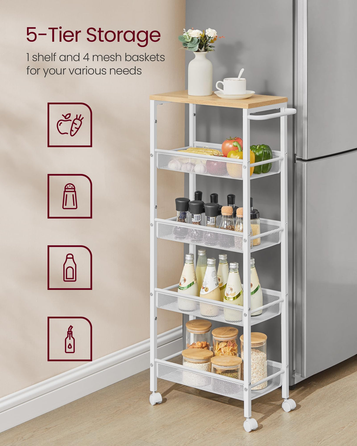 VASAGLE Slim Rolling Cart, 5-Tier Storage Cart, Narrow Cart with Handle, 8.7 Inches Deep, Metal Frame, for Kitchen, Dining Room, Living Room, Home Office, Oak Beige and Classic White ULRC035W09 VASAGLE