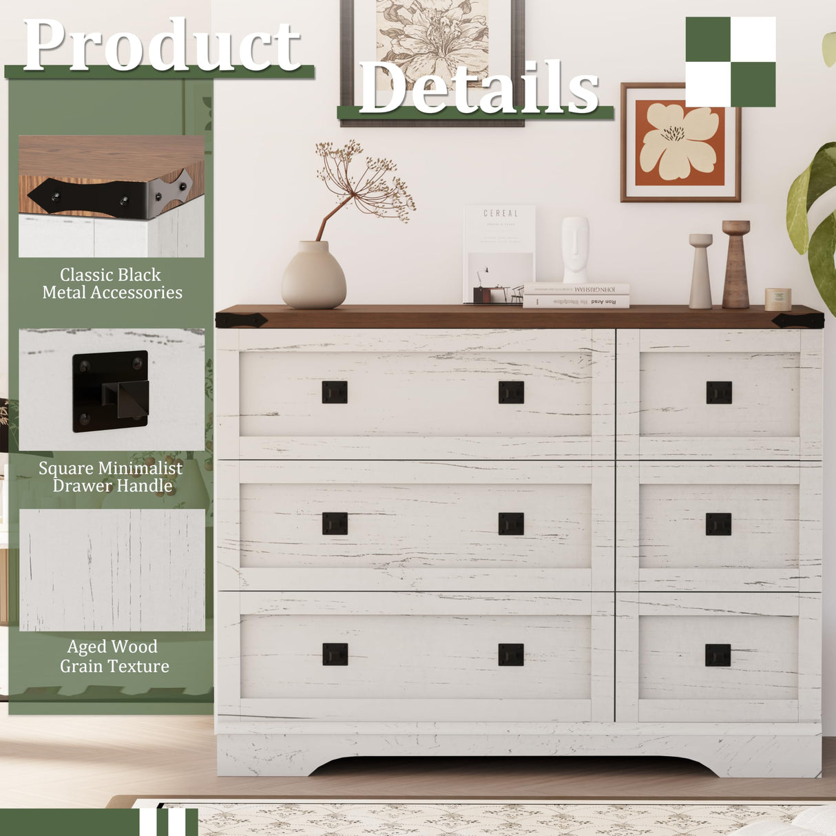 Royal Windsor Farmhouse 6 Drawer Dresser for Bedroom, Chest of Drawers Dresser for Closet, Clothes Organizers and Storage with Spacious Tabletop, Wooden Dressers for Living Room, White Royal Windsor