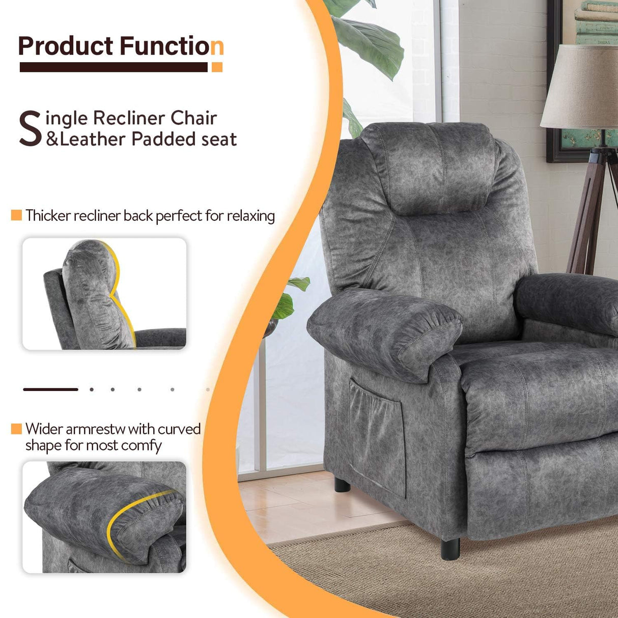 KCREAM Grey Overstuffed Massage Recliner Chair Living Room Chairs for Adults with Side Pockets Fabric Manual Small Recliner with Heating Push Back Recliner Single Sofa Chair KCREAM