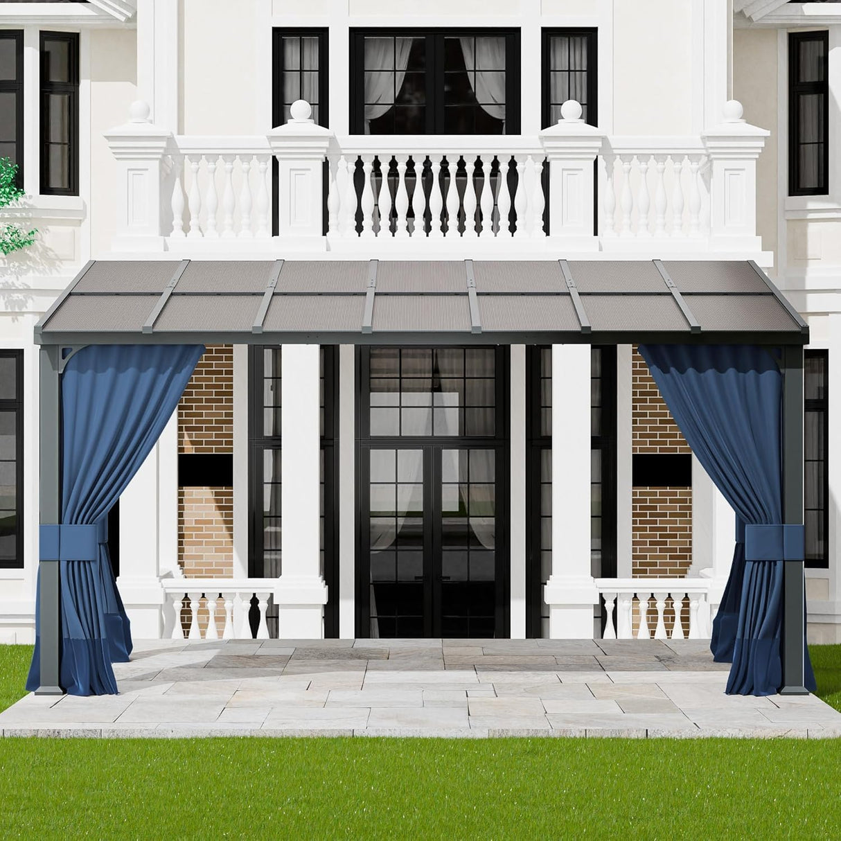 10x14FT Gazebo, Hardtop Wall Mounted Gazebo with Sloping Sun Panel Roof, Awnings for Patio with Metal Frame, Double Curtains for Garden, Lawn, Backyard Deck, Sand ASJMR