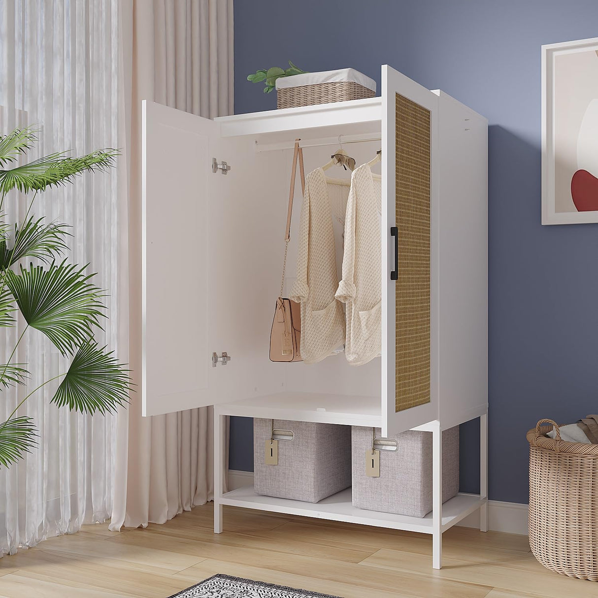Gyger Wardrobe Closet with 2 Doors,Rattan Bedroom Armoires with Hanging Rod Freestanding Wooden Wardrobe Cabinet with Shelves,White Gyger