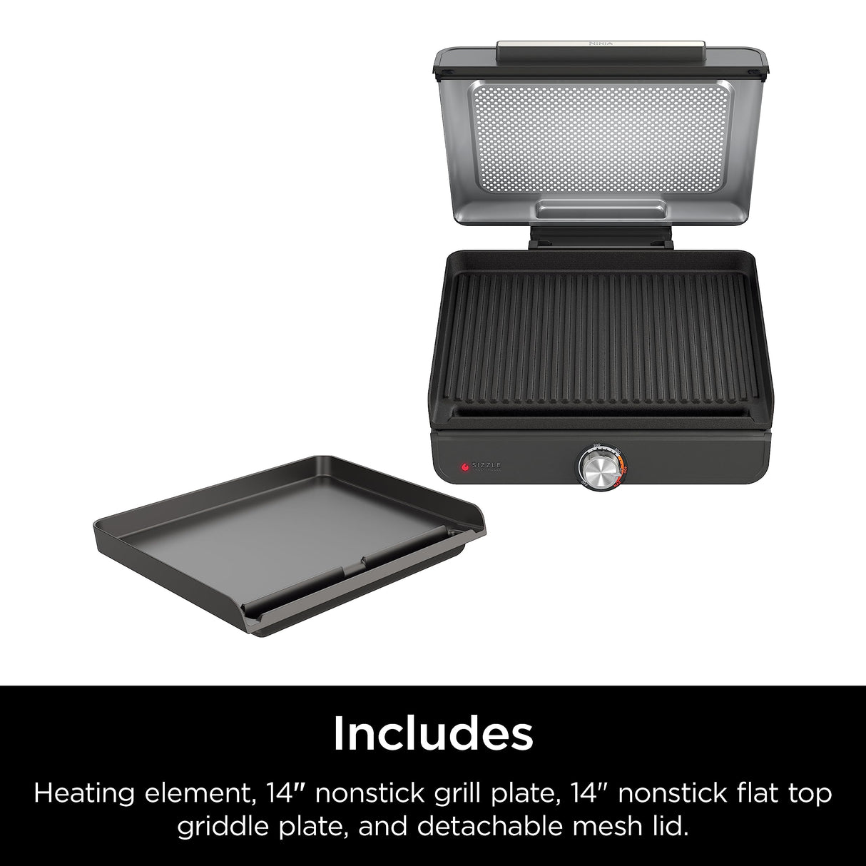 Ninja Griddle and Indoor Grill, 14’’, Electric Grill, For Steak, Burgers, Salmon, Veggies, and More, Pancake Griddle, Nonstick, Dishwasher Safe, 500F, Even Cooking, Silver, GR101 Ninja