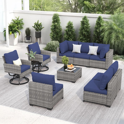 FHFO 10 Pieces Outdoor Patio Furniture Set with Swivel Chairs, Wicker Sectional Sofa Set Rattan Modular Patio Conversation with Cushions Couch & Coffee Table for Garden, Balcony, Porch, Grey-Blue