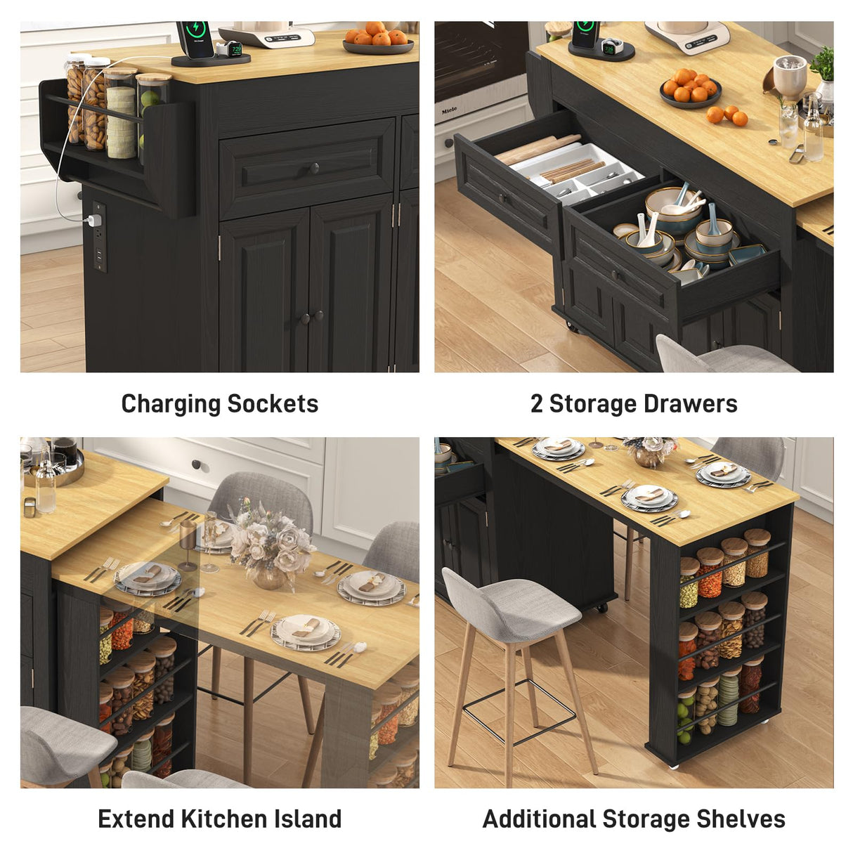80"-48" Extendable Kitchen Island with Extended Dining Table and Power Outlet,Large Mobile Kitchen Storage Islands with 2 Storage Drawers,Rolling Islands Cart with 3 Extra Rows Open Shelves(Black) chartustriable