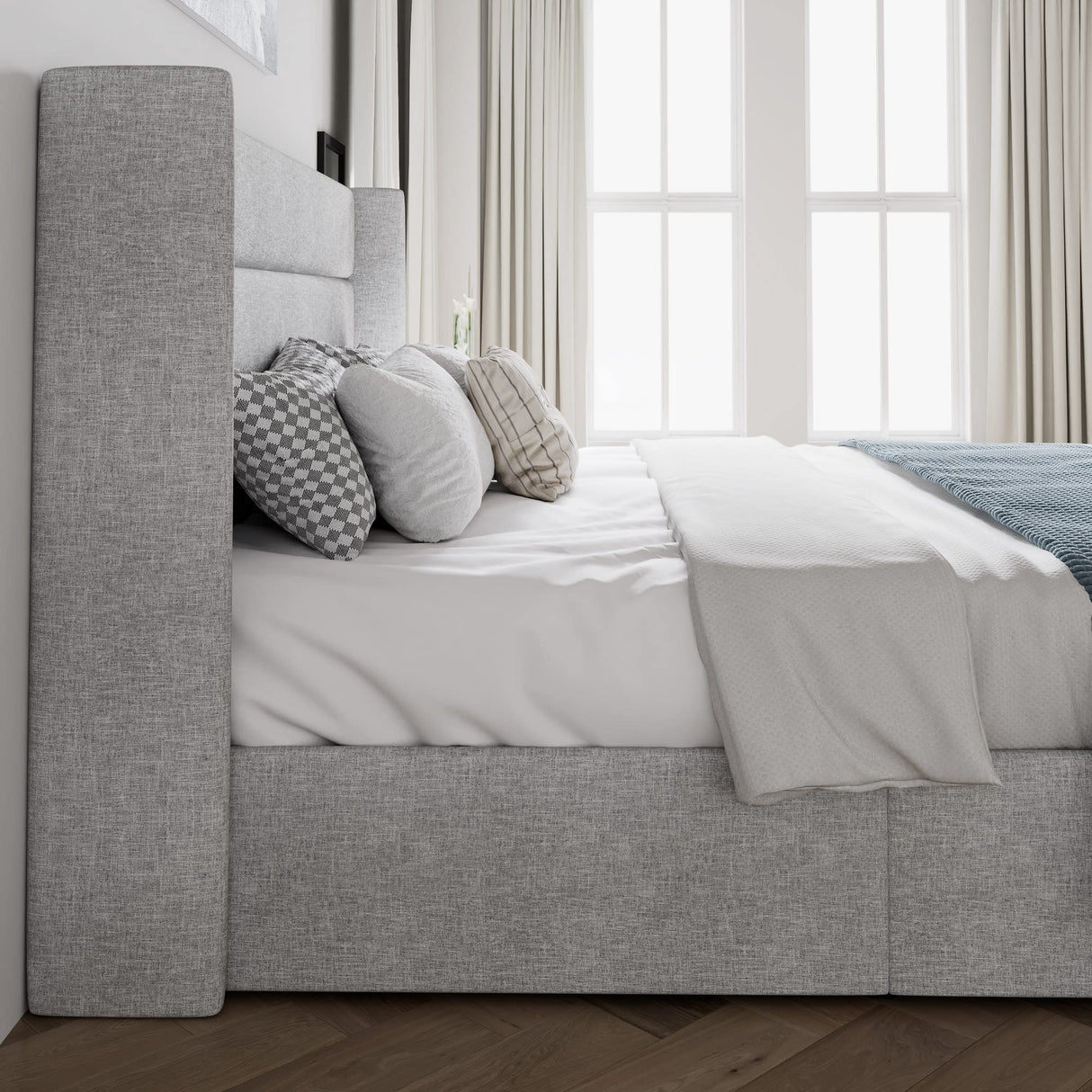 Queen Size Hydraulic Lift Storage Bed with Modern Wingback Headboard in Light Grey SHA CERLIN