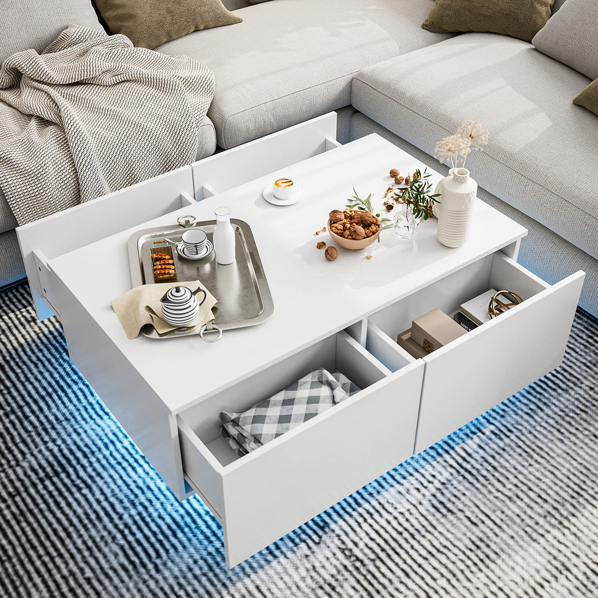 IKIFLY Modern White LED Coffee Table w/4 Drawers, High Glossy Center Table with 16 Colors LED Lights for Home Living Room IKIFLY