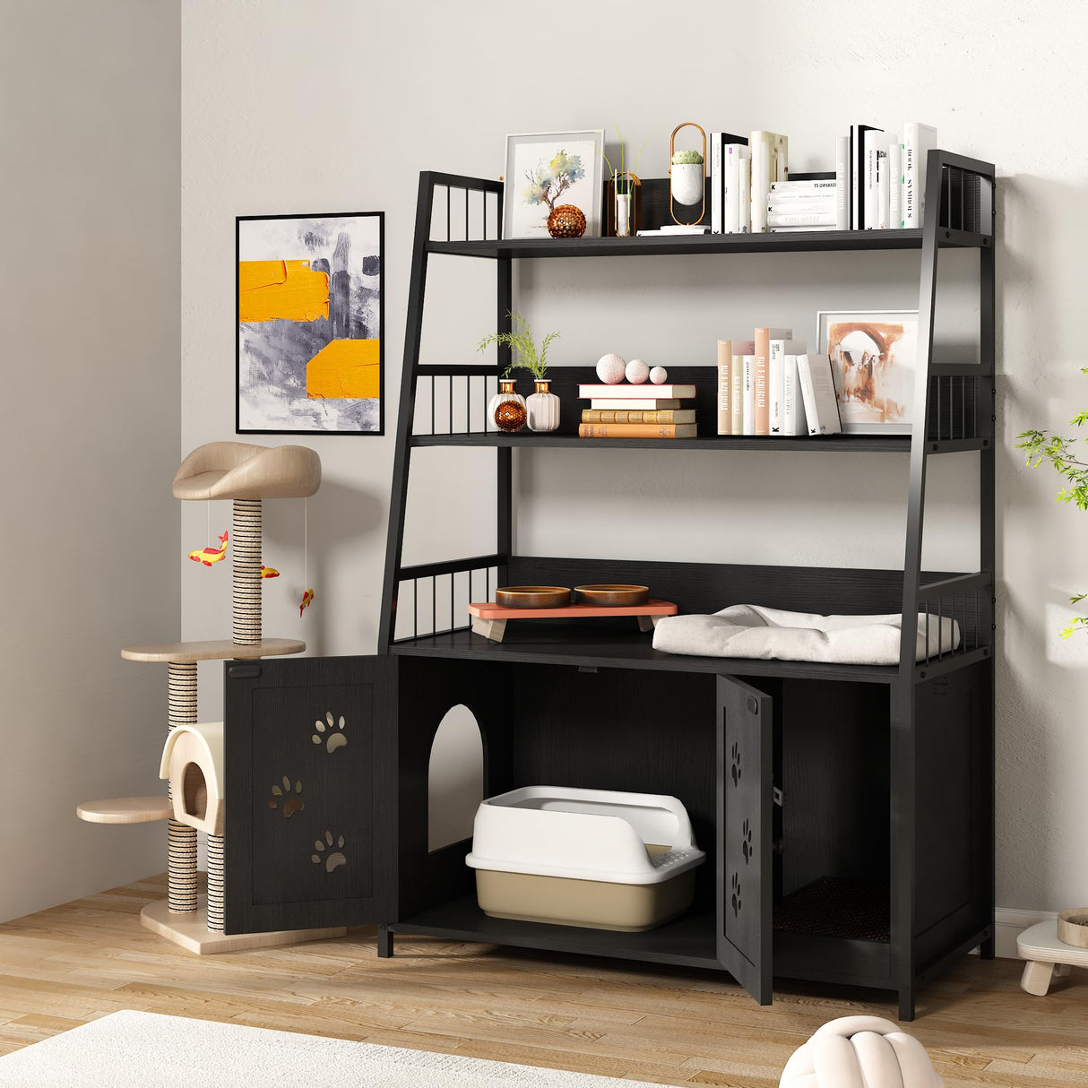 Recaceik Cat Litter Box Enclosure with Shelf Storage, Hidden Cat Washroom Furniture, Large Wood Cat Litter Box Furniture Hidden with Storage and Scratch, Fit Most of Litter Box, Black Recaceik