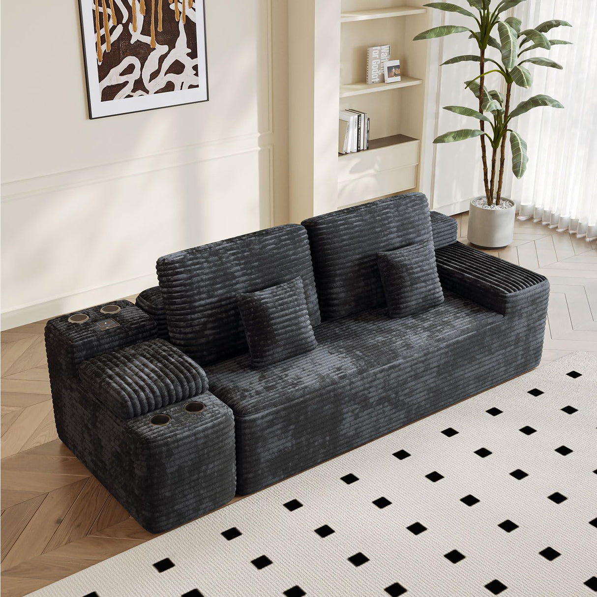 ONEMMLION Cloud Couch Sectional Modular Sofa, 151" Comfy Boneless Couches for Living Room, Oversized U Shape Plush Corduroy Couch Sectional with Console Bluetooth Speaker USB Port Cup Holder, Black ONEMMLION