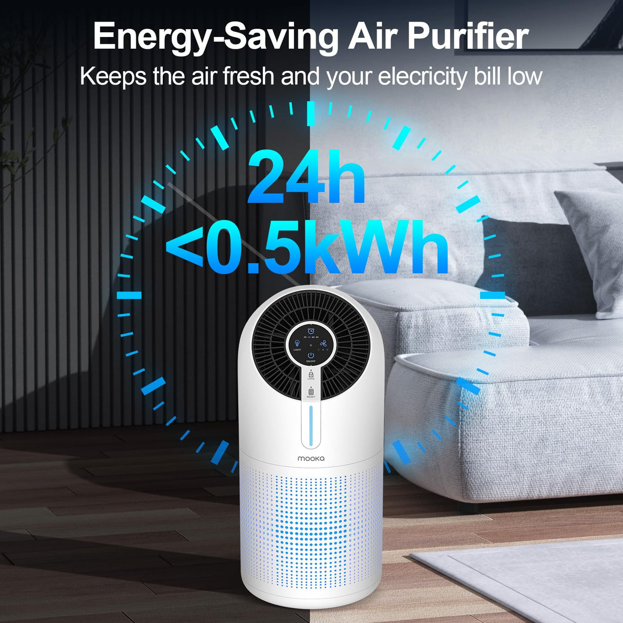 MOOKA Air Purifiers for Home Large Room up to 1095ft², H13 HEPA Filter Air Cleaner for Pets Bedroom Remove Smoke Dust Pollens Dander, Room Air Purifier with Timer Lock 4 Modes Night Light, M02 MOOKA