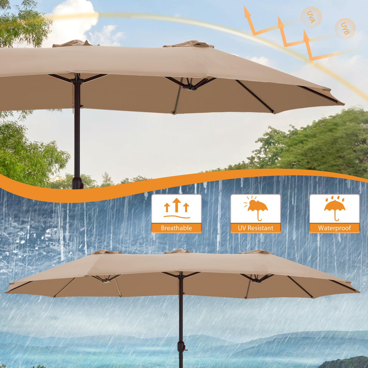 AONETOZ 15ft Large Patio Umbrella,Double Sided Big Umbrella For Patio,Extra Large Outdoor Umbrella,Khaki AONETOZ