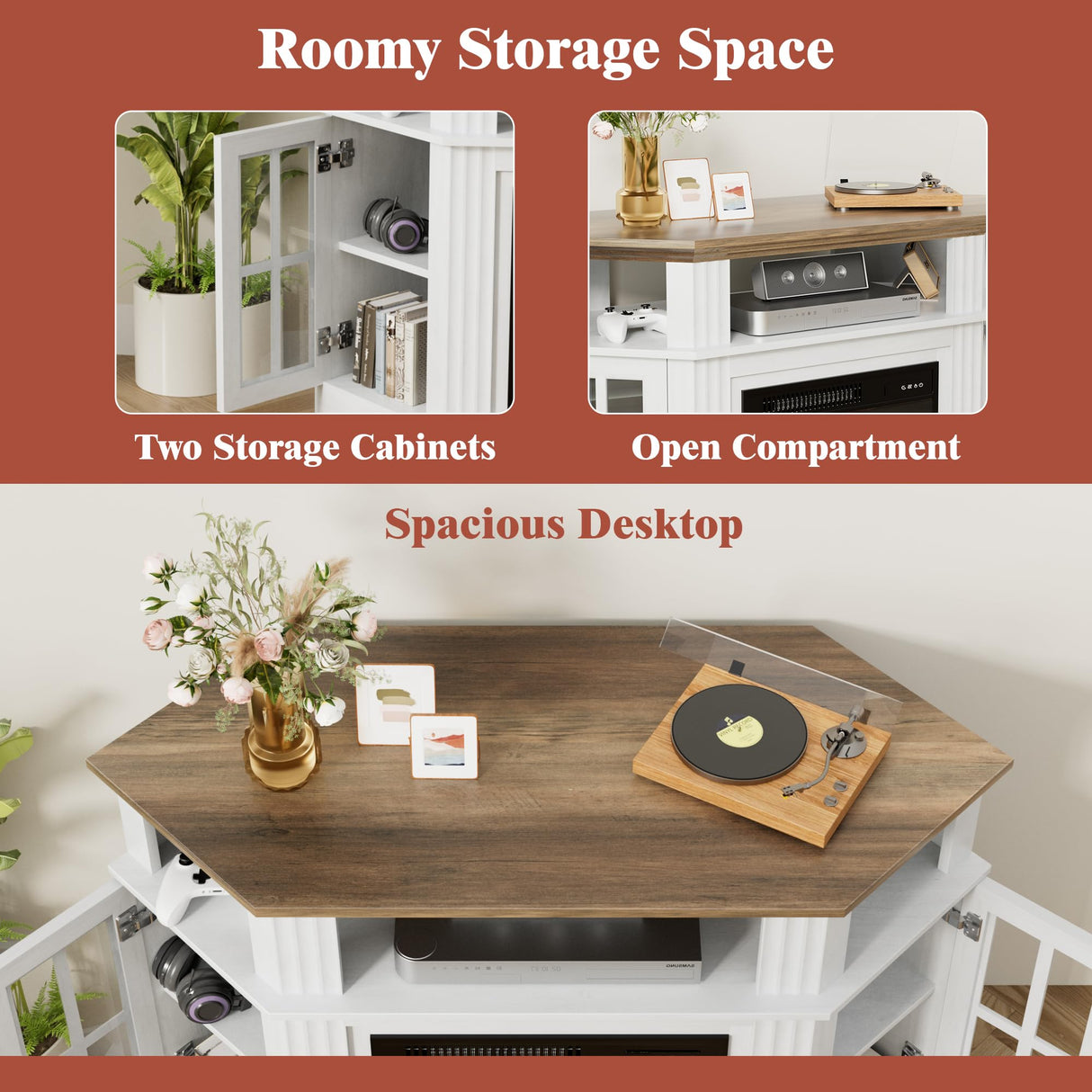 Furmax Fireplace Corner TV Stand for TV Up to 55 Inch, Modern TV Console with 18 Inch Electric Fireplace, Entertainment Center with Open Shelf and Storage Cabinets for Living Room, Antique White Furmax