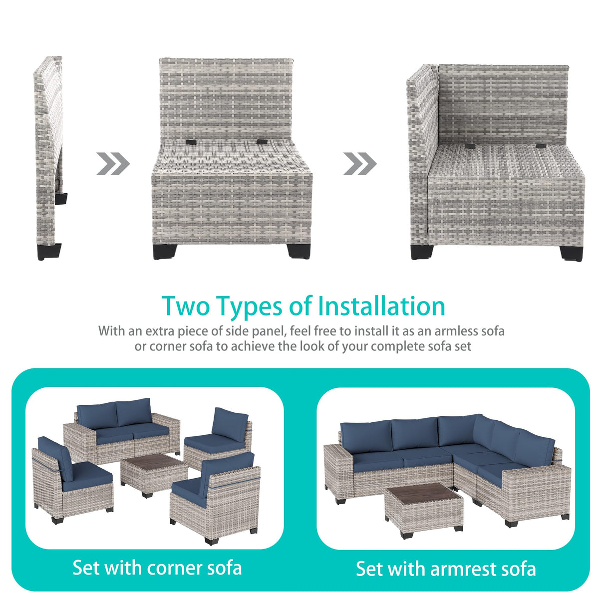 Muphyers 13-Piece Outdoor Patio Furniture Set with Rocking Swivel Chair, PE Wicker Rattan Sectional Sofa Patio Conversation Set with 55,000 BTU Fire Pit Table & Coffee Table, Navy Blue Muphyers