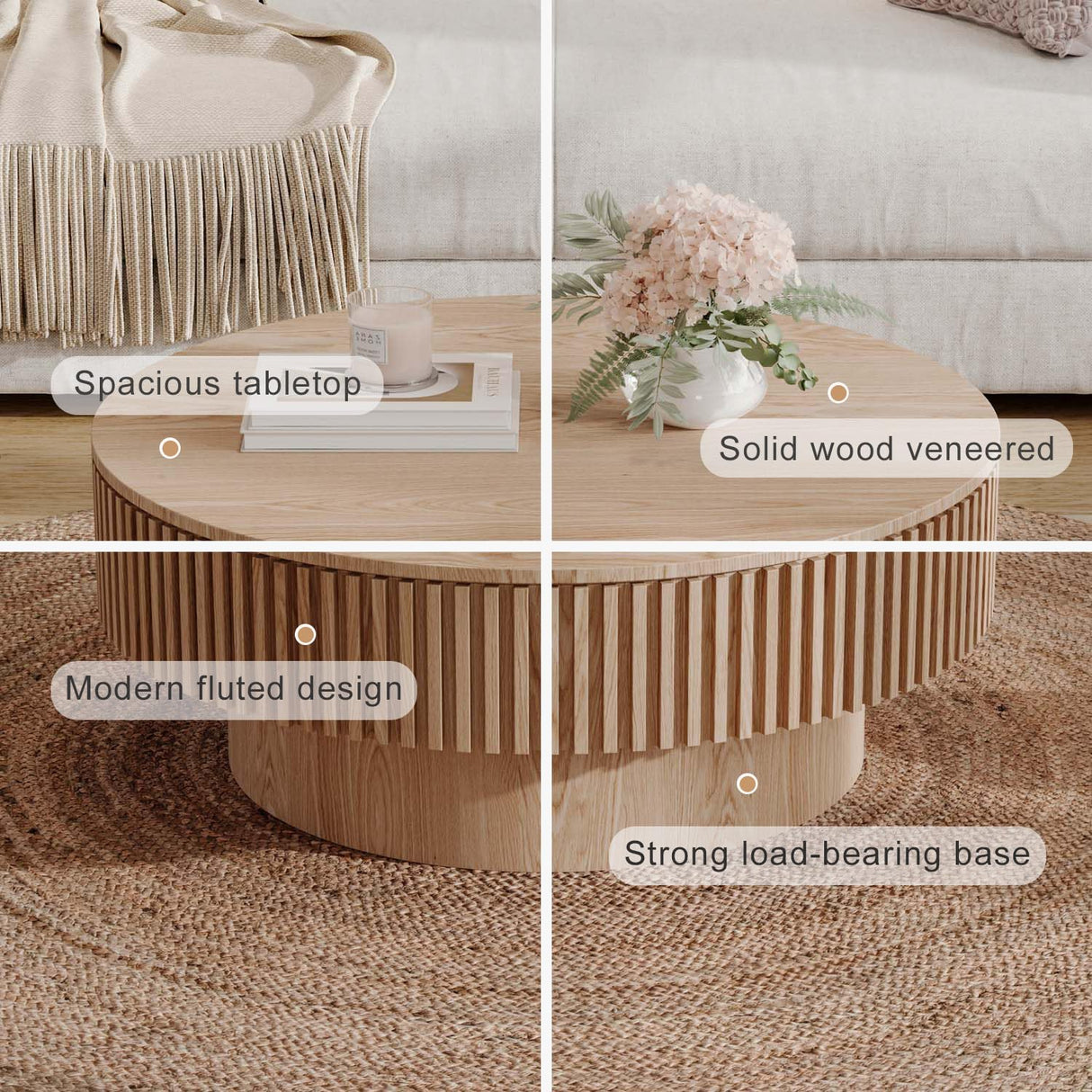 Round Coffee Table with Storage, Modern Wooden Coffee Table with Solid Wood Veneered, Circle Center Table Accent Tea Table for Living Room Apartment Small Space (31.5''L × 31.5''W × 14''H, Natural) FGXJY