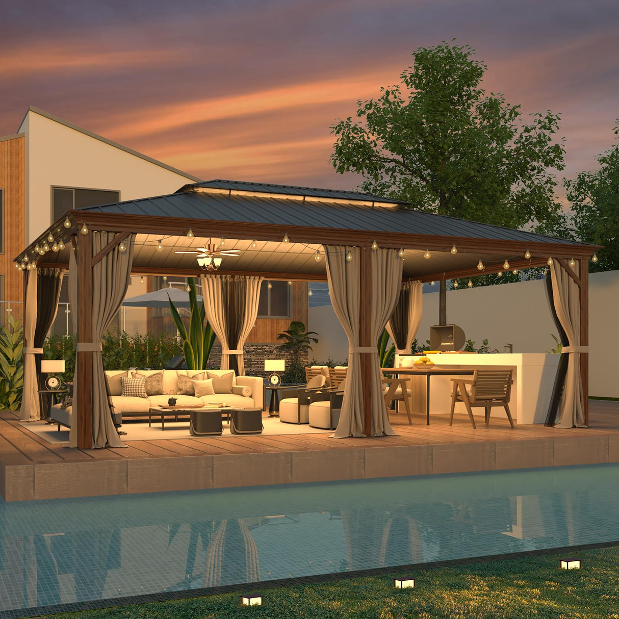 EROMMY 14' x 20' Hardtop Gazebo, Wooden Finish Coated Aluminum Frame Canopy with Double Galvanized Steel Roof, Outdoor Permanent Metal Pavilion with Curtains and Nettings for Patio,Garden, Backyard EROMMY